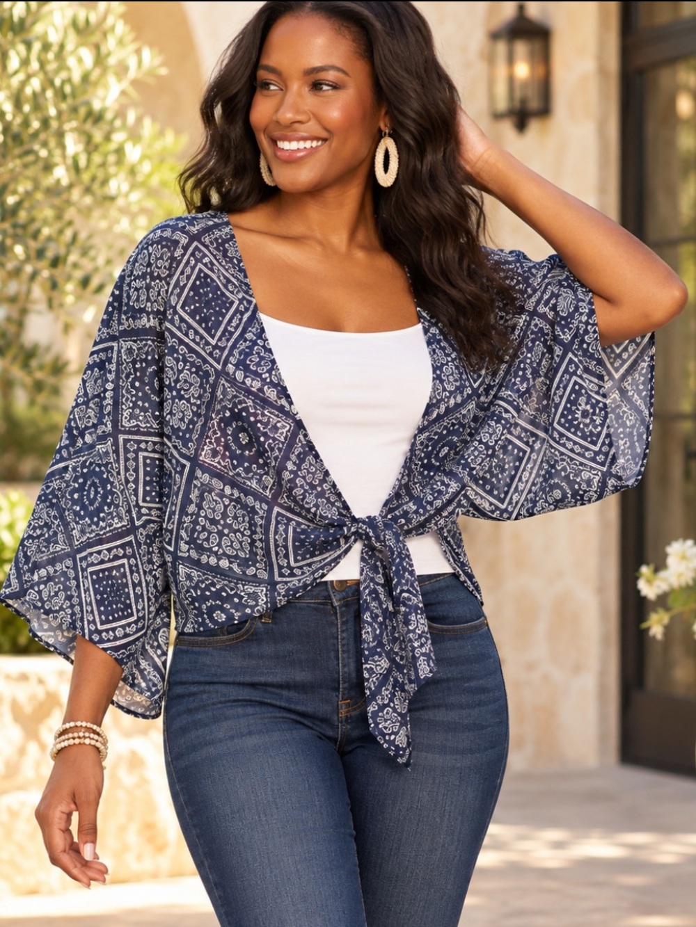 NWT Blue Rain Navy White Bandana Print Tie Front Cropped Kimono One Size